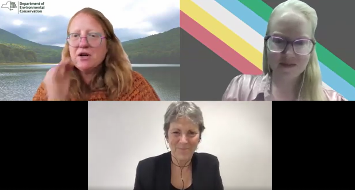 Screenshot from a webinar featuring three presenters participating in a virtual discussion on accessible outdoor recreation. Each presenter appears in a separate video window during the online presentation.