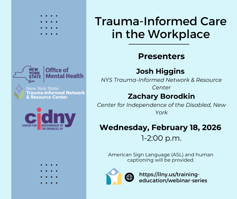 Flyer for a webinar titled "Trauma-Informed Care in the Workplace" on February 18, 2026, with presenters Josh Higgins and Zachary Borodkin.