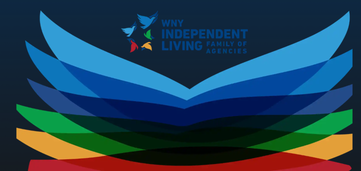 WYNIL Annual Meeting Logo for the Western New York Independent Living Family of Agencies featuring layered blue, green, yellow, and red ribbon-like shapes forming an abstract wing or pathway design, symbolizing connection, collaboration, and community support.