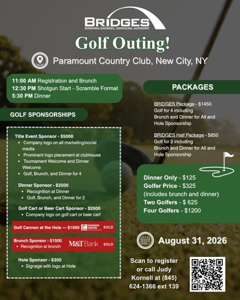 The BRIDGES Golf Outing event flyer is shown, featuring sponsorship opportunities, golf and pickleball packages, event schedule, and registration information — all within several different green-colored text bubbles and textures. The Golf Cannon at the Hole sponsorship and the Brunch Sponsorship is outlined in red with “SOLD” next to it, as well as the Hudson United Insurance Services and M&T Bank logos. This all sits over an image of a golf club next to a golf ball on the fairway. 