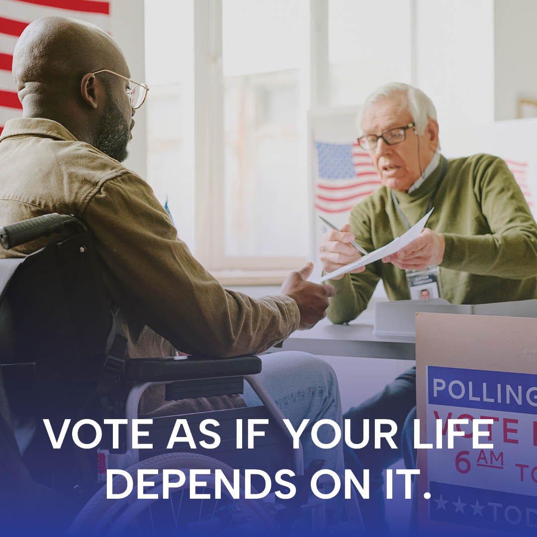 Image of a man handing another man a ballot with text overlay Vote as if your life depends on it.