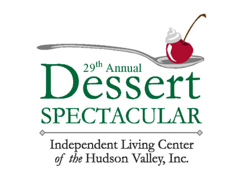 Logo for the 29th Annual Dessert Spectacular hosted by the Independent Living Center of the Hudson Valley, Inc.. The design features a silver spoon holding a red cherry topped with a dollop of whipped cream