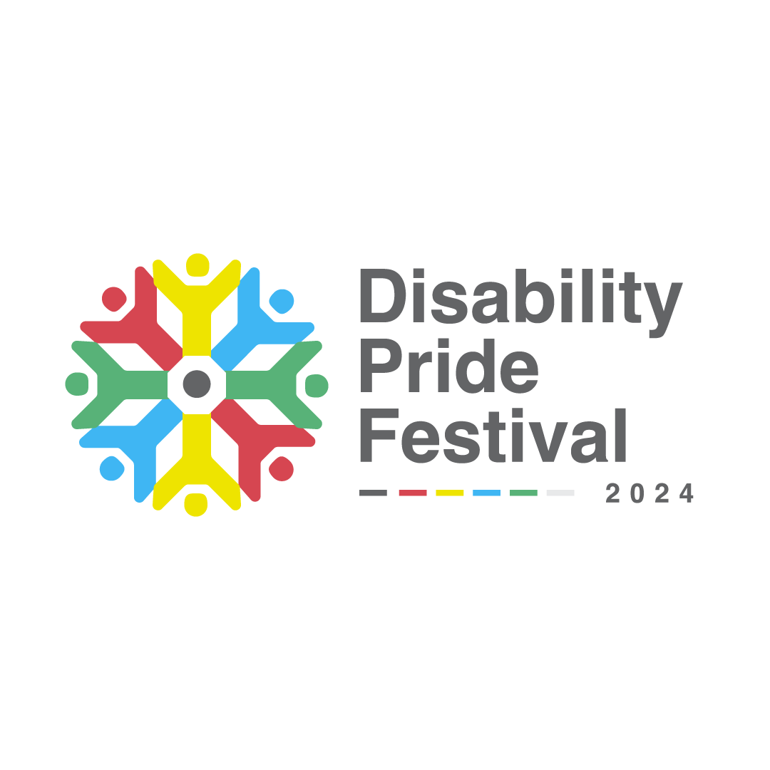 Image of rainbow colored circular icon made of different color person icons. To the left it reads Disability Pride Festival 2024