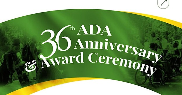 A graphic banner with a vibrant green and white wavy background featuring a faint silhouette of people, including wheelchair users, celebrating. Bold white text in the center reads "36th ADA Anniversary & Award Ceremony" with a stylized, large number "36".