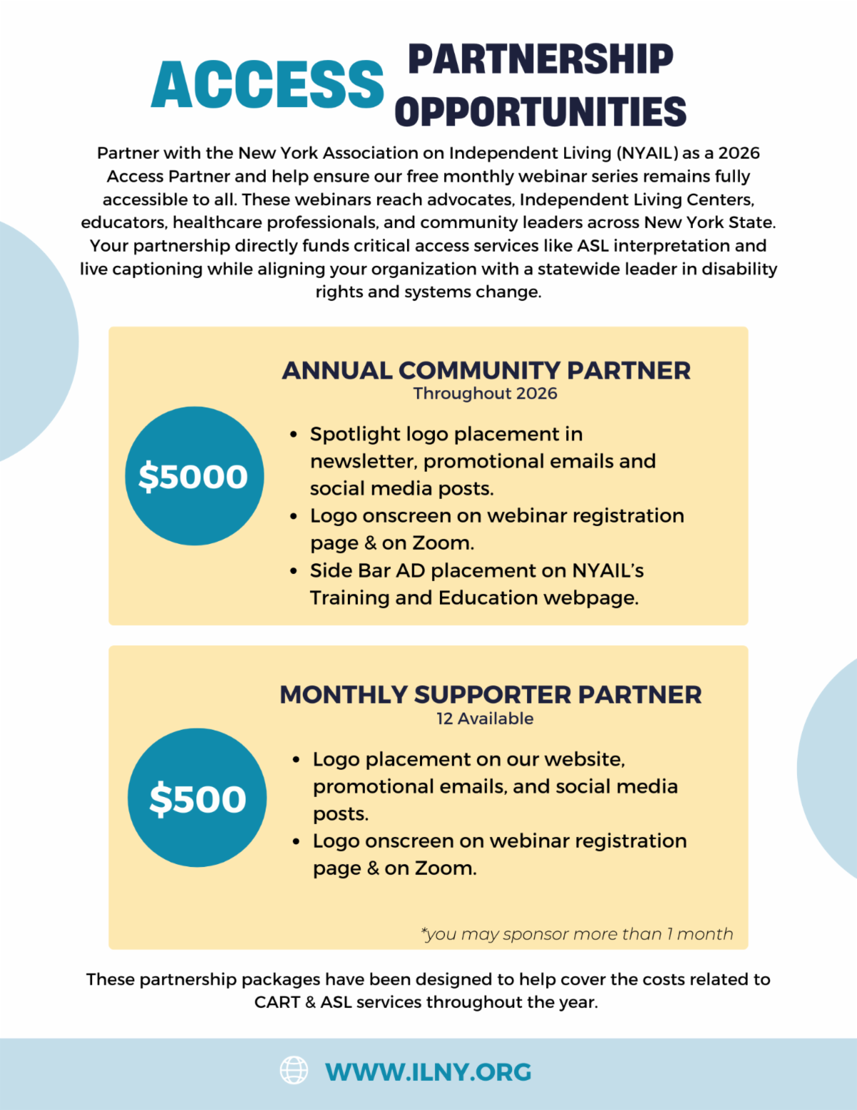 Graphic titled “Access Partnership Opportunities” promoting 2026 webinar partnerships with NYAIL. It outlines two levels: Annual Community Partner ($5,000) and Monthly Supporter Partner ($500), with logo recognition benefits. The partnerships help fund ASL interpretation and CART services for NYAIL’s free monthly webinar series. Website listed: www.ilny.org .