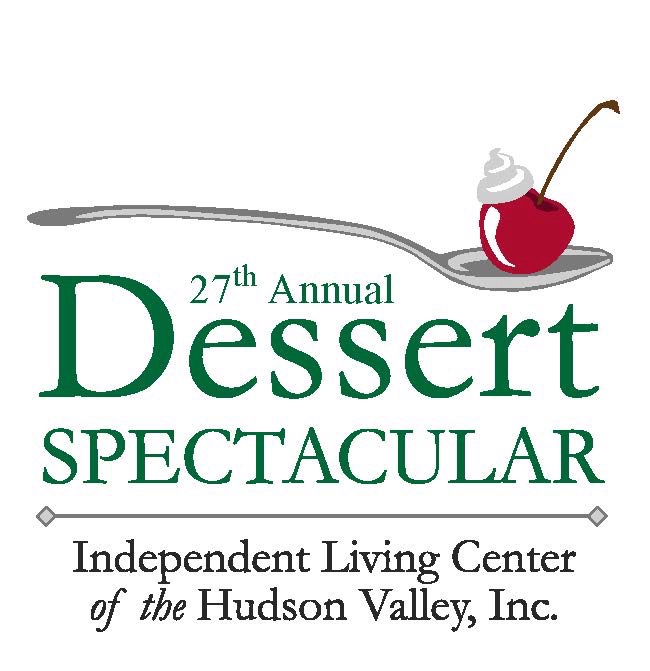 Image background color is white. On the top of the image is a silver spoon holding a cherry with a dollop of whip cream. Under the spoon, 27th Annual Dessert Spectacular | Independent Living Center of the Hudson Valley 