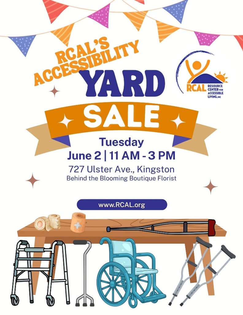 An event flyer with colorful triangular party banners hanging at the top. The main text reads: "RCAL'S ACCESSIBILITY YARD SALE" in bold orange and blue lettering, accented by small sparkles.