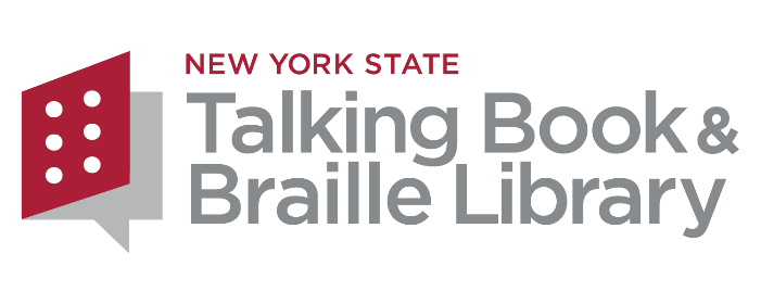 Logo for the New York State Talking Book Braille Library It features a speech bubble symbol on the left with a red background and six white dots arranged in a pattern To the right of the symbol is the text At the top in smaller red capital letters it reads NEW YORK STATE Below this in larger gray letters are the words Talking Book Braille Library The overall design is clean and modern combining both textual and symbolic elements