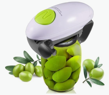 jar opener on top of glass jar of olives