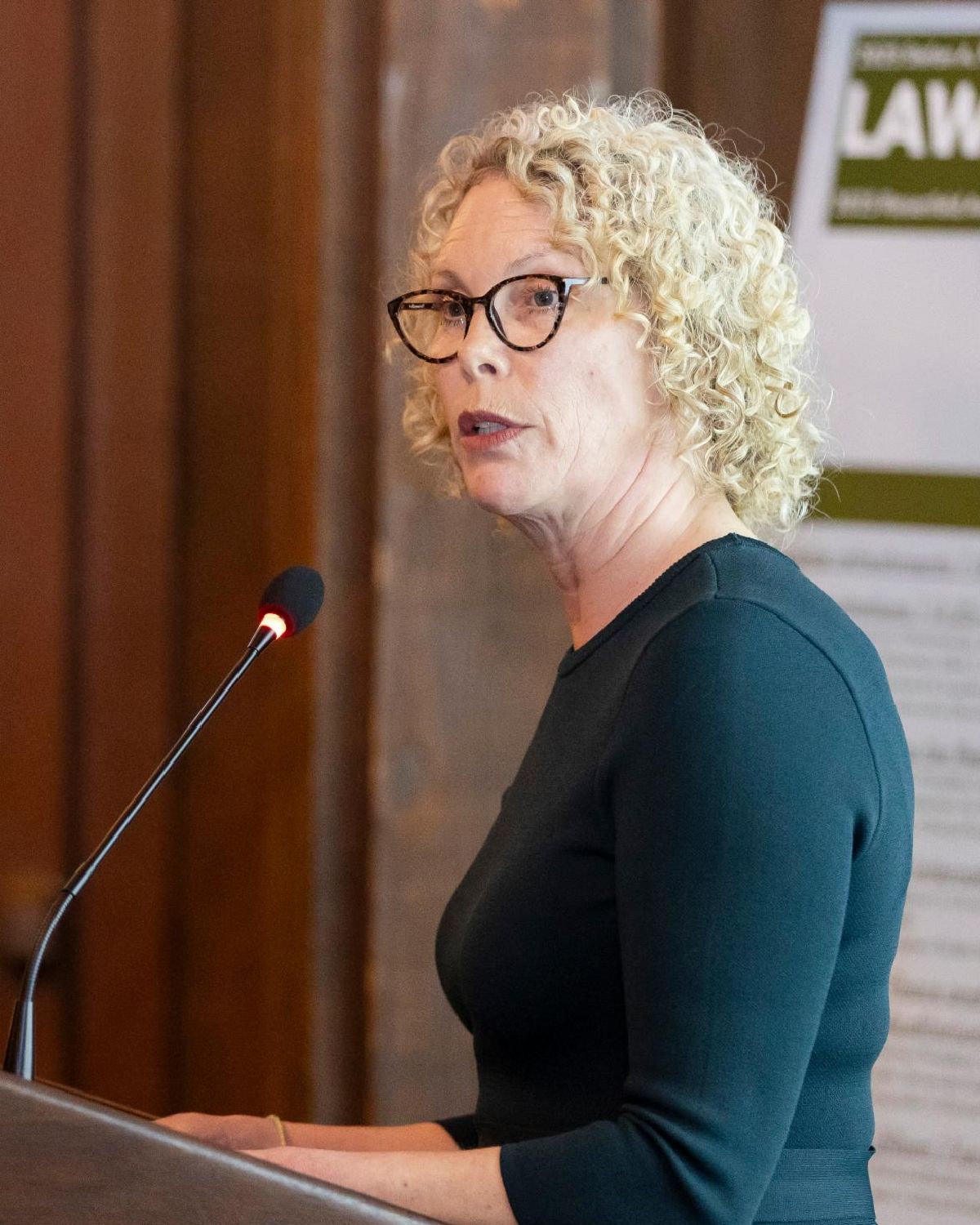 Laurel E. Fletcher speaking at the symposium 