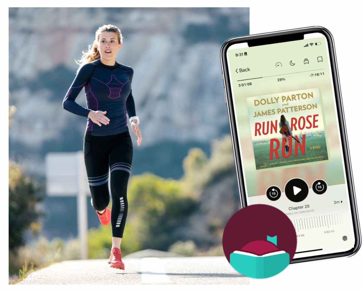 a runner on a road with a mountain behind her in the overlay is the libby logo and a phone showing Run Rose Run by James Patterson and Dolly Parton