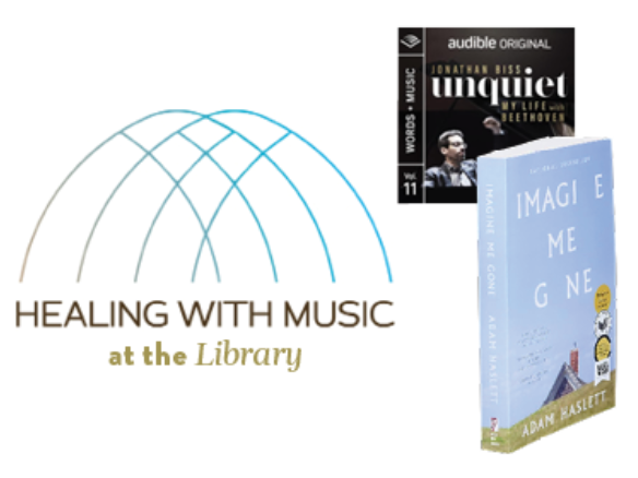 Healing with Music Flyer with "Imagine Me Gone" and "Uniquiet" book covers on them