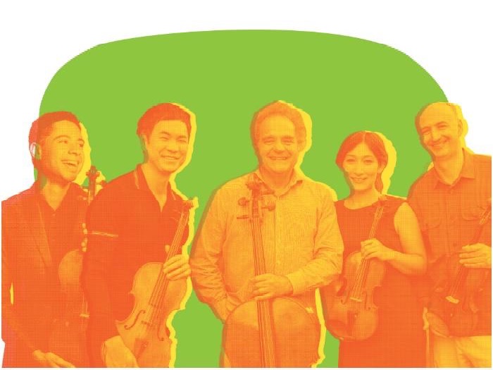 Neon portrait of Takács String Quartet and Jordan Bak