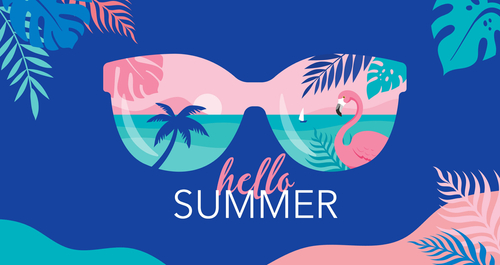 Summer fun concept design. Creative background of landscape_ panorama of sea and summer beach on sunglasses. Summer sale_ post template