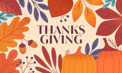 Happy thanksgiving day seasonal banner with pumpkins_leaves_acorns_berries_plants in fall colors.Vector holiday illustration.Autumn thanksgiving template for prints_ad_smm_branding_packaging_covers