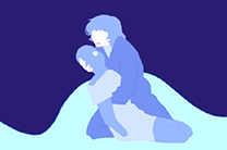 Drawing of a woman with an axe in a puddle of blood