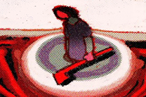 Drawing of a woman with an axe in a puddle of blood