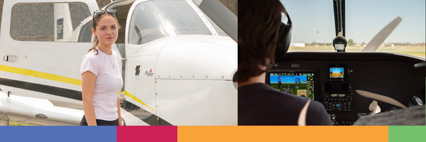 Photo collage representing LCCC's Aviation program: Left photo shows a student seated inside a flight simulator facing screens that show a simulated airfield view; top right shows a close-up exterior view of an airplane's nose cone; bottom right shows a student wearing a headset inside an aircraft cockpit.