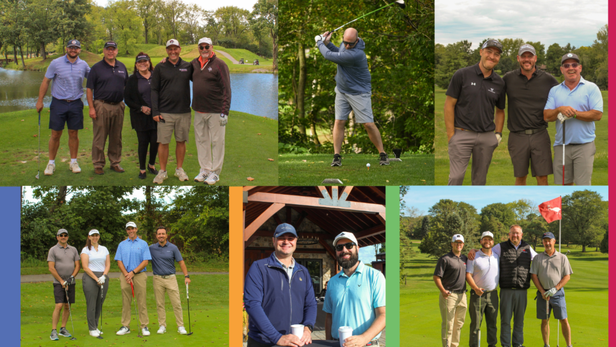 Collage of four photos from the LCCC Tony Boyle Memorial Golf Classic: Top left shows a golfer swinging on a green fairway; top right shows four golfers posing together with golf clubs on the green; bottom left features three participants smiling together near a wooden structure; bottom right shows five golfers standing in a row on the golf course with trees in the background.