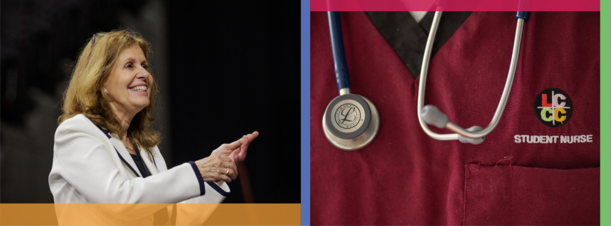 Portrait of Karen Clark, Director of Nursing at Lehigh Carbon Community College, next to a image of the nurse students uniform..