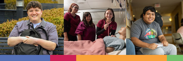 Photo collage showing five diverse LCCC students participating in campus activities and posing together outdoors.