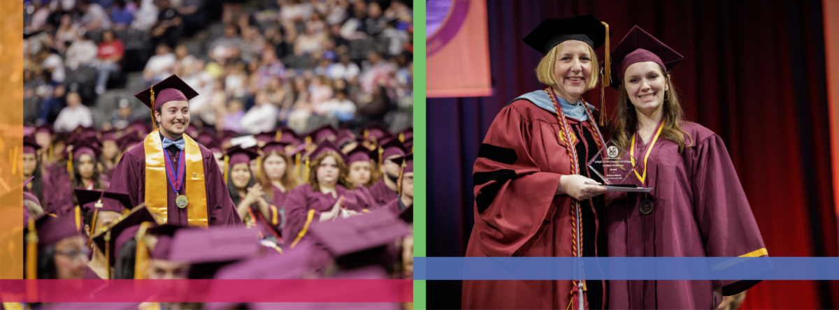 A split-screen image showcasing the Students of the Year. On the left, Tyler Turoczy smiles as he walks up to the podium. On the right, Brianna Abbott smiles brightly in her red graduation cap and gown.