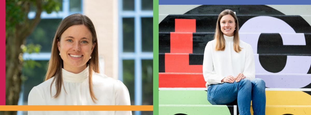 A split-screen image showing a professional headshot of Dr. Theresa Buckley on the left, and a photo of her smiling in front of a modern building facade on the right.