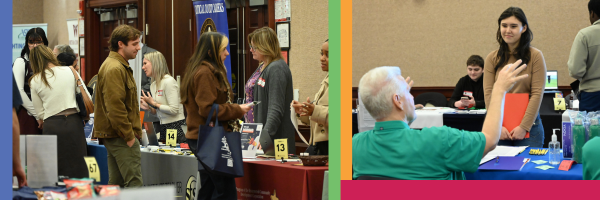 Photo collage from an LCCC career fair: Left photo shows a representative talking to a student at a tabletop booth; right photo shows an employer interacting with a student seated at a table displaying event flyers.