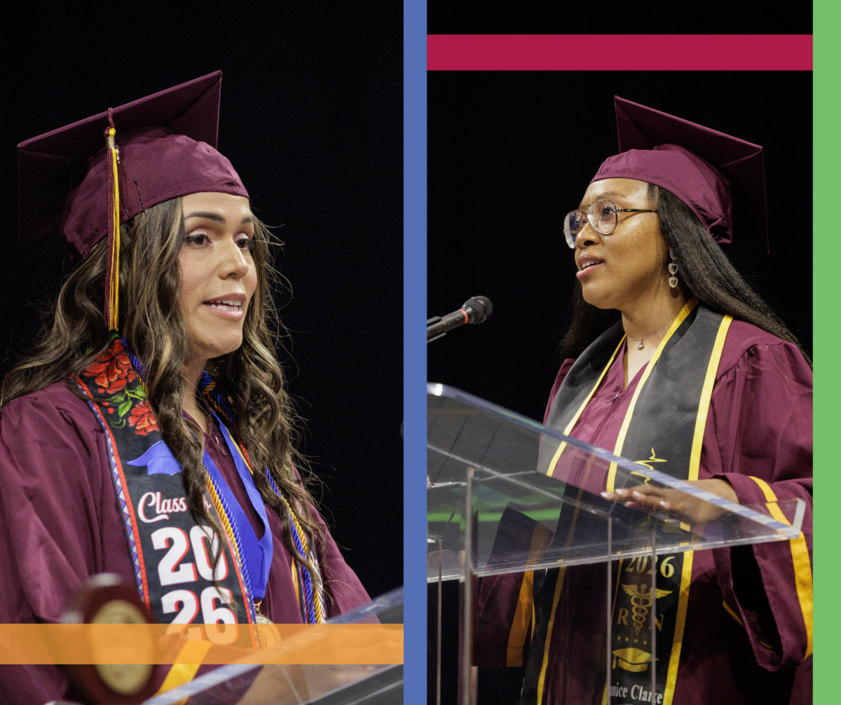 A side-by-side split image from graduation. On the left, student speaker Brittani Bedoya addresses the crowd from a podium wearing her cap and gown with a 'Class of 2026' stole. On the right, soloist Shanice Clarke sings into a microphone at the podium during the ceremony
