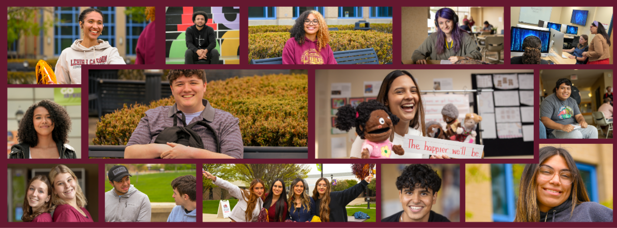 Collage of Lehigh Carbon Community College students engaged in learning activities, group discussions, hands-on coursework, and campus events.