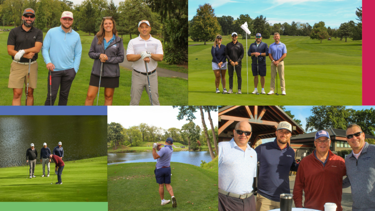 Photo collage featuring scenes from the LCCC Golf Classic: Top row shows four golfers posing together on the green, two men under a wooden gazebo, and three participants standing together on the course. Middle row shows four golfers on the green with golf clubs, and five participants standing together near a putting green. Bottom row shows a golfer taking a swing on a fairway next to a lake, and four participants smiling together outdoors.