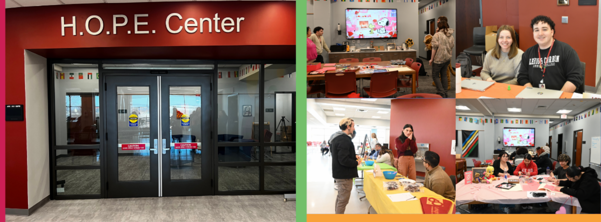 A Image of one double door that enters to the H.O.P.E Center. Portrait of Daniel Melin, Director of Student Life at LCCC, smiling in front of the H.O.P.E. Center campus space, and students doing activities inside the space.