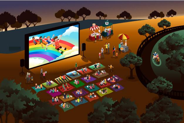 Illustration of people watching movie in the park