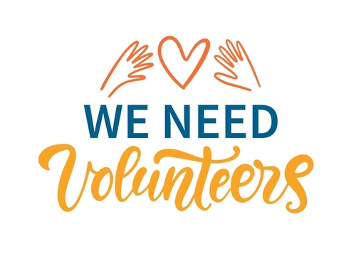 We Need Volunteers hand written lettering background with hands and heart. Volunteering service sign. Charity work symbol.