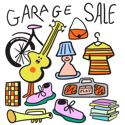 poster for a garage sale in doodle style in vector. template for poster banner advertising postcard sticker design