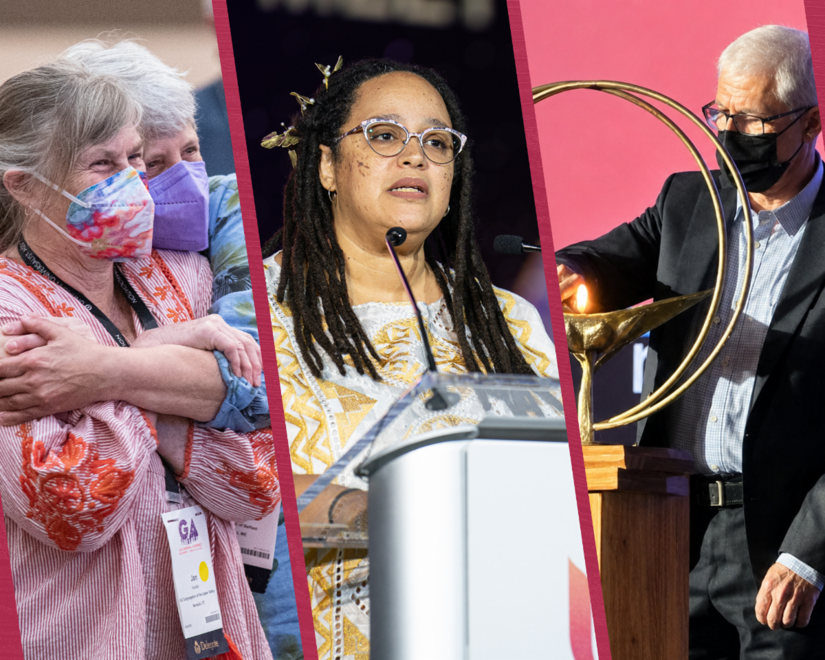 Three-panel collage from a conference setting. On the left, two masked attendees embrace warmly, conveying connection and care. In the center, Rev. Dr. Sofía Betancourt, a speaker with glasses and long locs stands at a podium addressing an audience. On the right, a masked individual lights a ceremonial flame in a large chalice mounted on a wooden stand. The panels are separated by angled magenta borders, highlighting themes of community, leadership, and shared ritual.