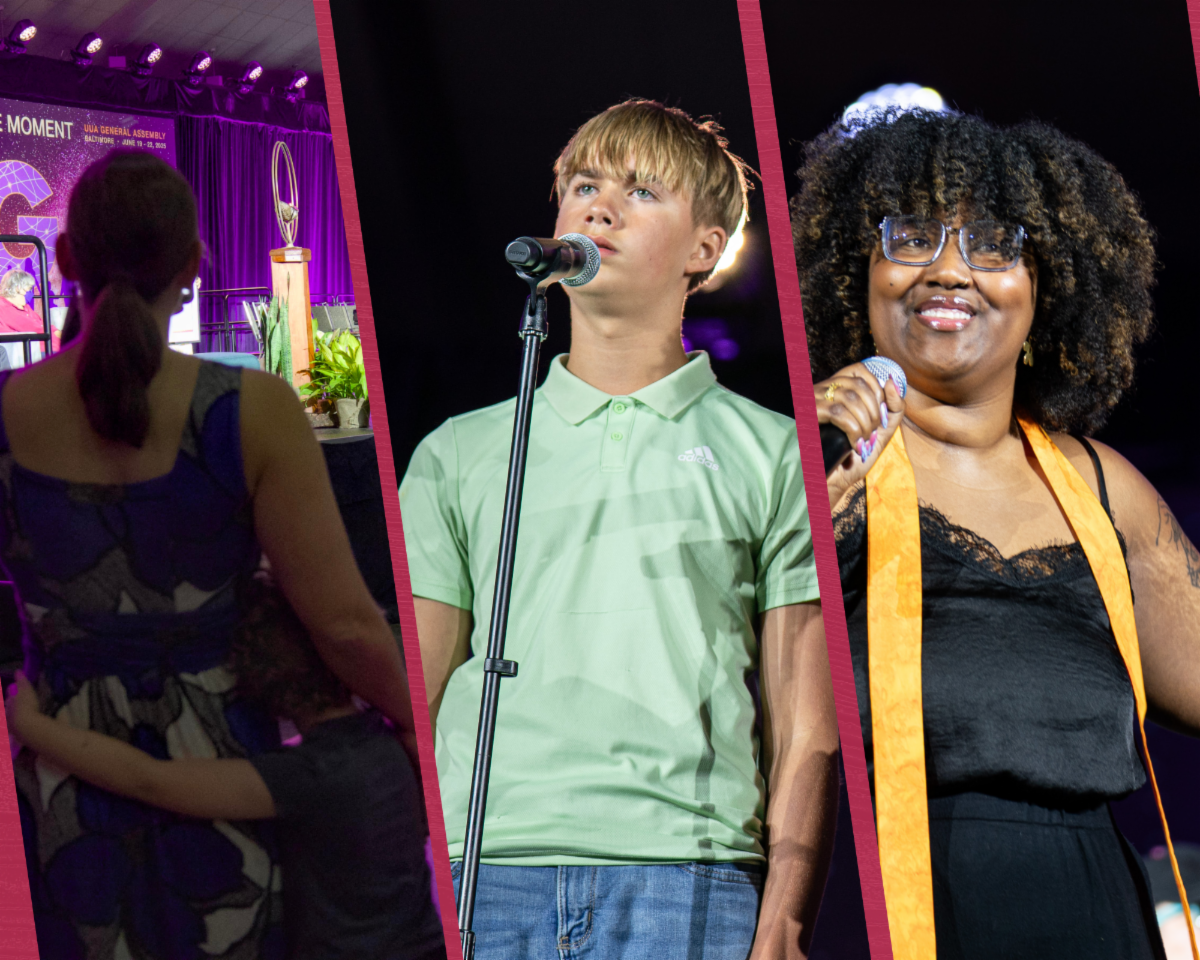 Three vertical photo panels from a Unitarian Universalist General Assembly event. Left panel shows attendees embracing and watching a stage lit in purple with “Meet the Moment” branding. Center panel shows a young person in a light green polo shirt speaking or singing into a microphone under stage lighting. Right panel shows a smiling young Black person with curly hair and glasses holding a microphone and wearing a gold stole over a black outfit. Pink diagonal borders separate the three images.