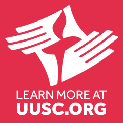 A red square graphic featuring the white logo of the Unitarian Universalist Service Committee (UUSC), depicting two stylized hands reaching toward one another. Below the logo, bold white text reads: "LEARN MORE AT UUSC.ORG." The design is simple, high-contrast, and intended as a promotional call to action.