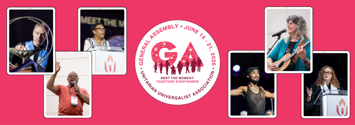 Newsletter footer image: A bright pink graphic featuring the General Assembly 2026 logo at center, reading “GA • General Assembly • June 14–21, 2026 • Meet the Moment: Together Everywhere.” Surrounding the logo are photos of speakers, musicians, and performers at General Assembly, including people singing, speaking at podiums, and engaging audiences on stage.