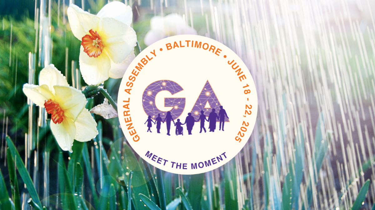 Logo for the 2025 UUA General Assembly overlaid on a background of daffodils and rainfall. The circular logo features the text “General Assembly • Baltimore • June 18 – 22, 2025” in orange, encircling the letters “GA” filled with a purple network design and silhouettes of diverse people holding hands. Below, the theme “Meet the Moment” appears in purple.