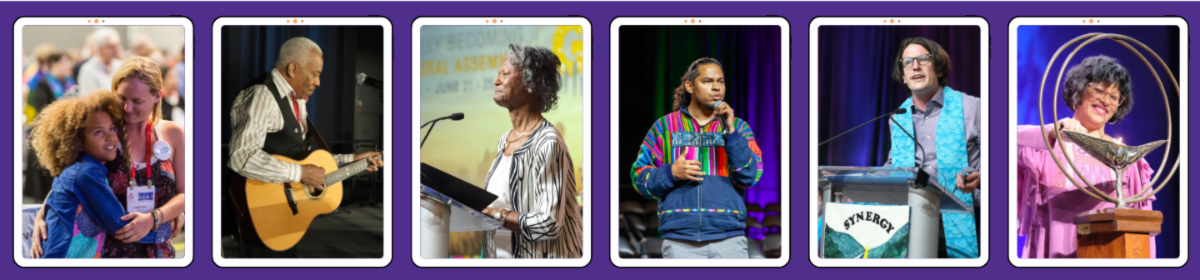 Banner featuring six photos of past GA moments: a child and adult hugging, a musician playing guitar, a speaker at a podium, a person in a colorful jacket speaking, a young adult at the Synergy service podium, and a smiling person lighting a large chalice.