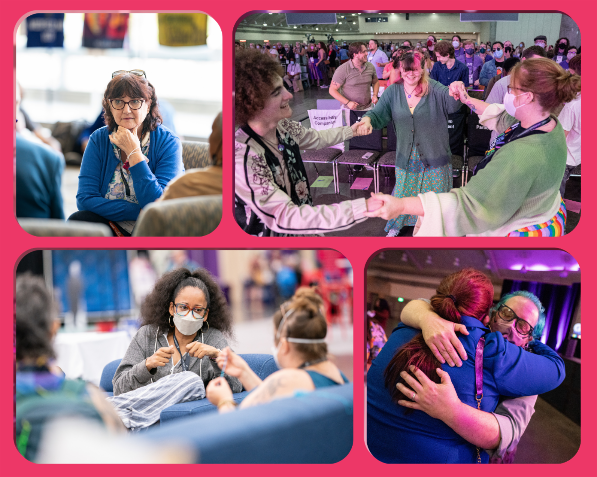 Collage of four scenes showing people at a large gathering: small-group conversations, participants holding hands in a circle activity, attendees talking while seated together, and two people sharing a warm embrace, conveying connection and community.