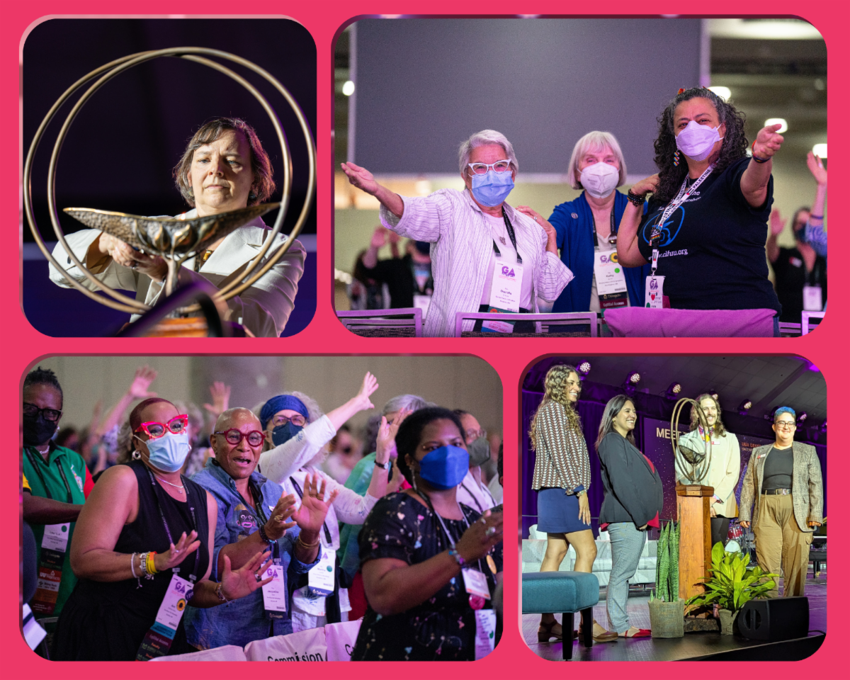 Collage of General Assembly moments showing worship leaders lighting a chalice, participants gathered and smiling, attendees applauding and dancing, and leaders standing onstage during a ceremony, all set against a pink background highlighting community connection and shared celebration.