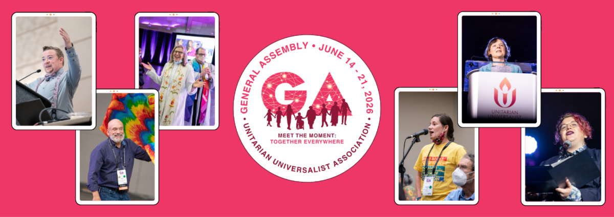 A wide, colorful graphic promoting the Unitarian Universalist Association General Assembly 2026. At the center is a circular GA logo reading “General Assembly • June 14–21, 2026 • Unitarian Universalist Association” with the theme “Meet the Moment: Together Everywhere” and silhouettes of people holding hands. Surrounding the logo are photo panels showing GA moments: speakers at podiums, clergy in worship stoles, a person singing into a microphone, and attendees engaging joyfully in worship and celebration. The background is bright pink, creating an energetic, welcoming feel.