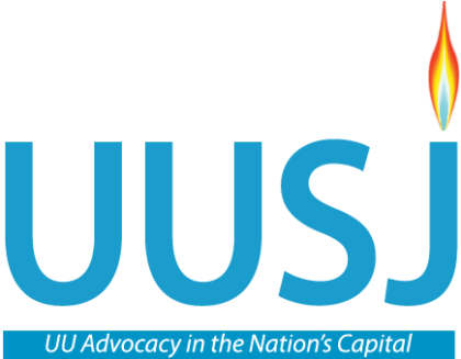 Logo for Unitarian Universalists for Social Justice (UUSJ) on a black background. The design features the words “Unitarian Universalists for Social Justice” in white text above large blue letters spelling “UUSJ.” A stylized flaming chalice appears at the upper right. Beneath the acronym is the tagline “UU Advocacy in the Nation’s Capital” in white text on a blue banner.