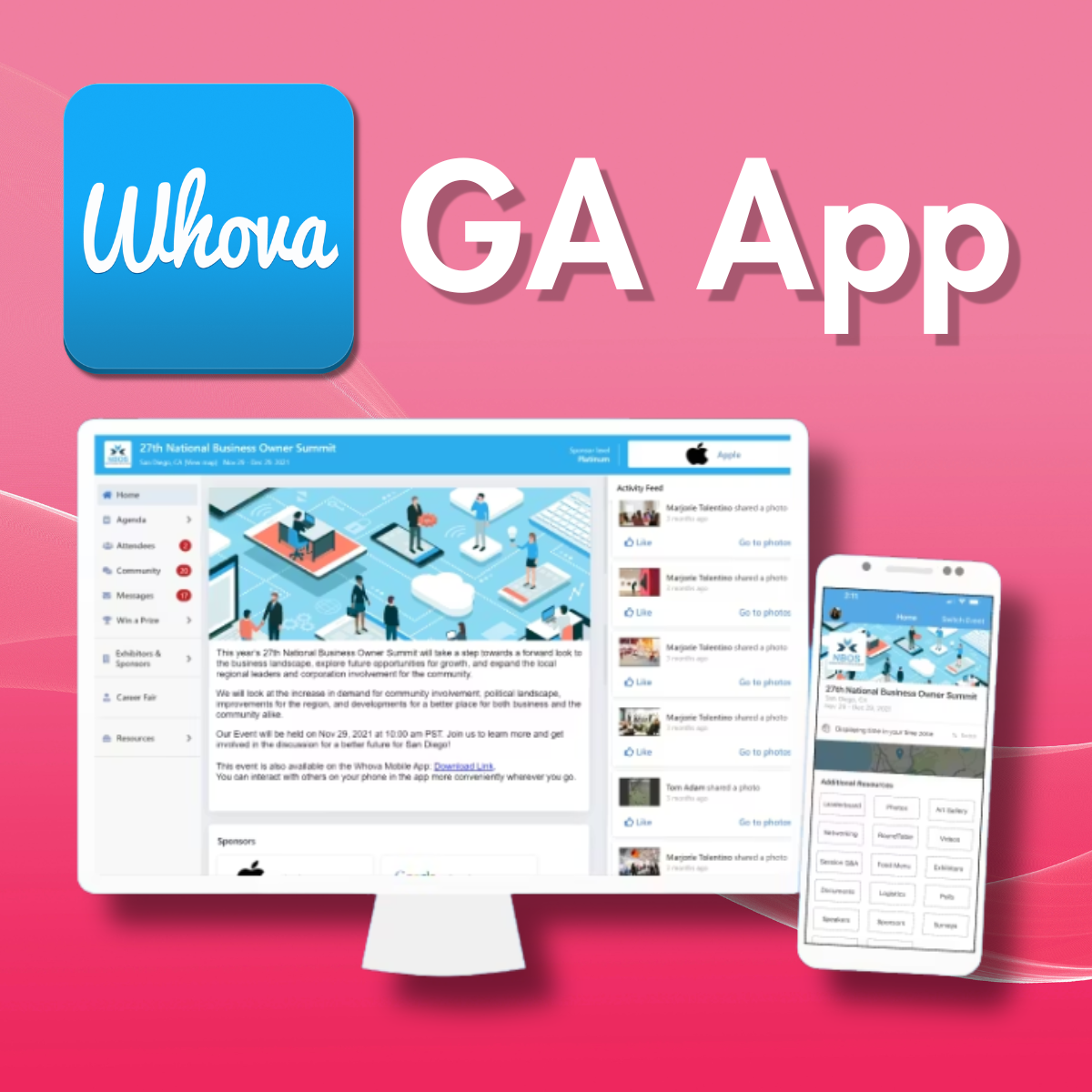Promotional graphic for the Whova GA App on a pink gradient background. The image features the blue Whova logo beside large white text reading “GA App.” Below are mockups of the app displayed on a desktop monitor and a smartphone, showing an event interface with schedules, community features, sponsors, and activity feeds.