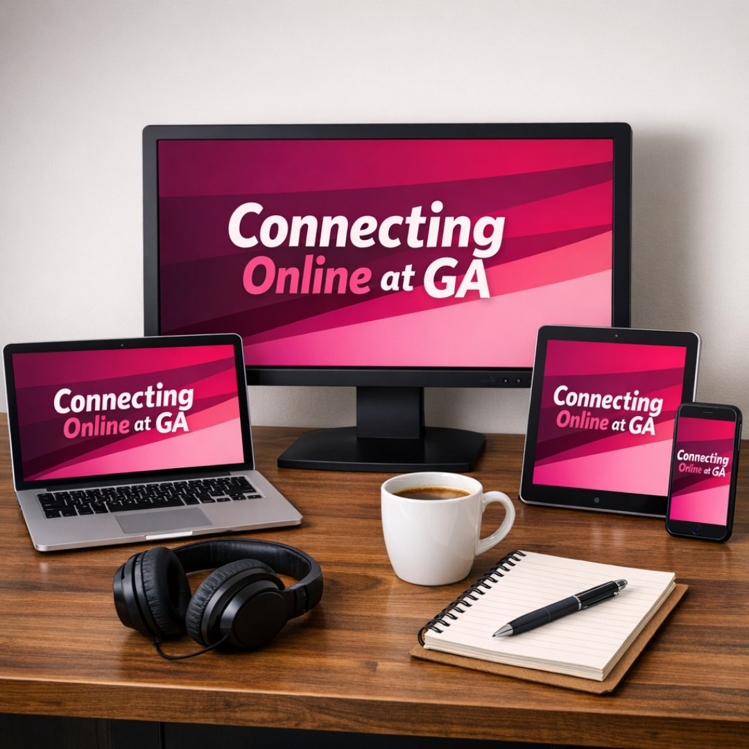 Laptop, desktop monitor, tablet, and smartphone on a desk display the message “Connecting Online at GA,” alongside headphones, a notebook, and a coffee mug, illustrating participation in a virtual event from home or office.