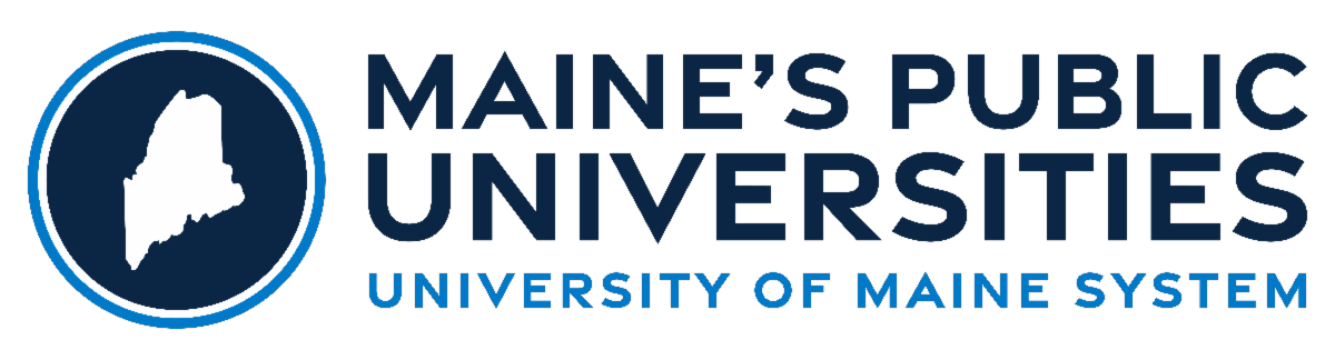 University of Maine System Logo with Maine's Public Universities and the University of Maine System with the state of Maine in a navy blue-filled circle