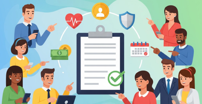 Employees surrounding and pointing to a large clipboard with images of health, safety, finance, and other open enrollment themes.