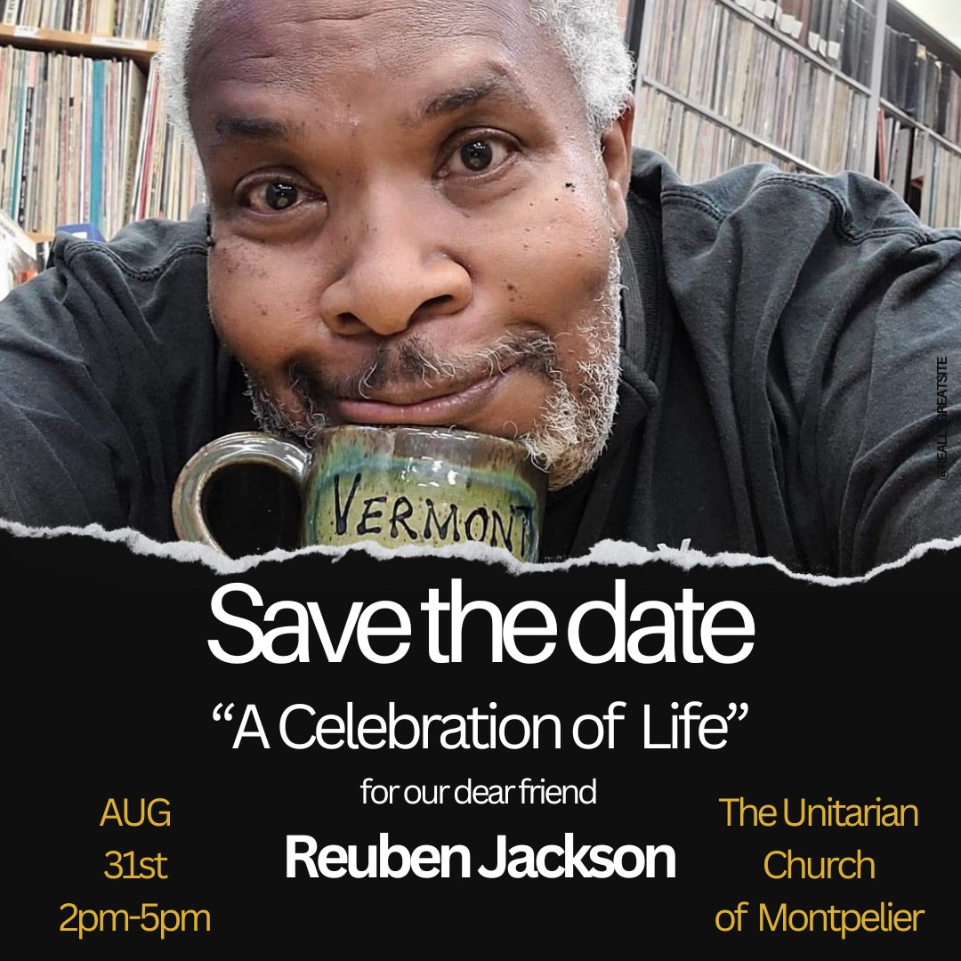 A poster for Reuben Jackson's celebration of life event, featuring Jackson leaning over a mug and smiling at the camera